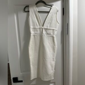 UONBOX Sleeveless Deep Plunge V Neck Bandage Dress with Waist Straps